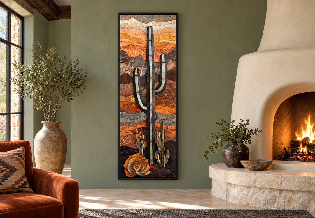 Vertical tall narrow saguaro cactus layered wood style framed canvas wall art in a desert room.