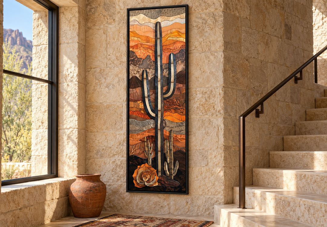 Vertical framed canvas wall art of a saguaro cactus in a layered wood style on a stone wall.