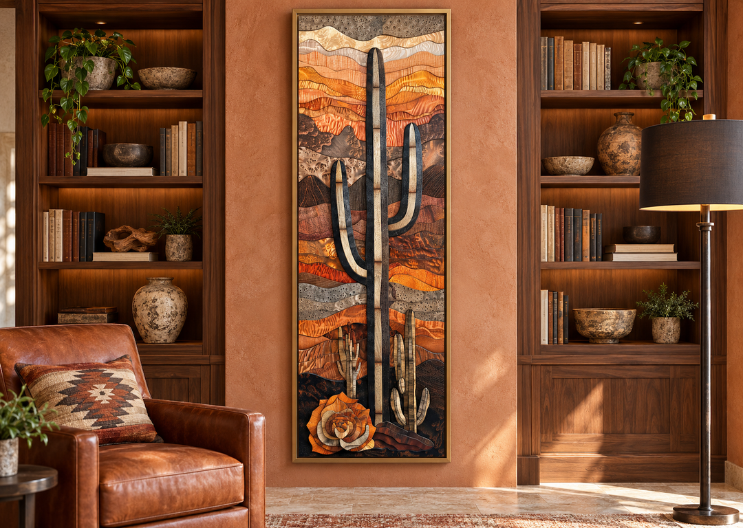 Vertical tall narrow saguaro cactus layered wood style framed canvas wall art in a library setting.