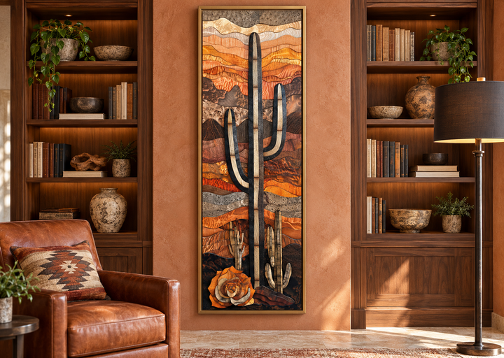 Vertical tall narrow saguaro cactus layered wood style framed canvas wall art in a library setting.