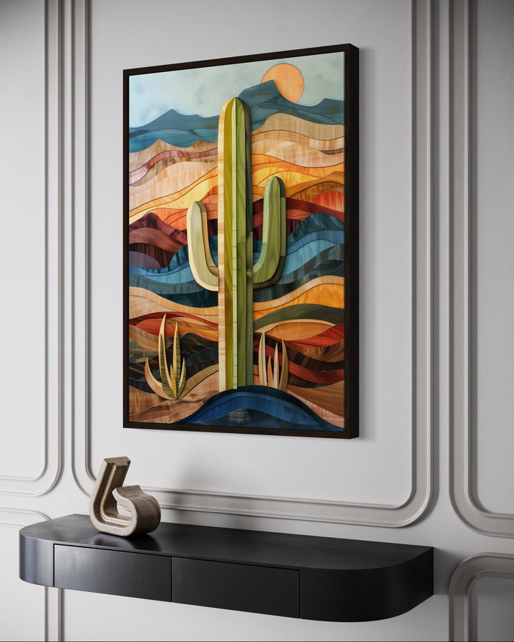 Layered Wood Style Framed Saguaro Cactus Wall Art