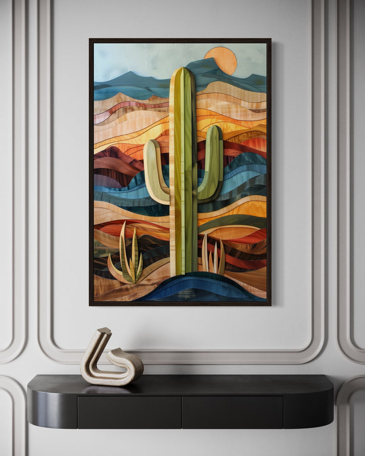 Layered Wood Style Framed Saguaro Cactus Wall Art