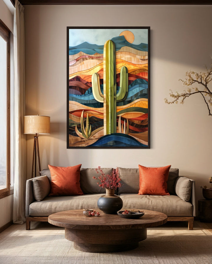 Layered Wood Style Framed Saguaro Cactus Wall Art