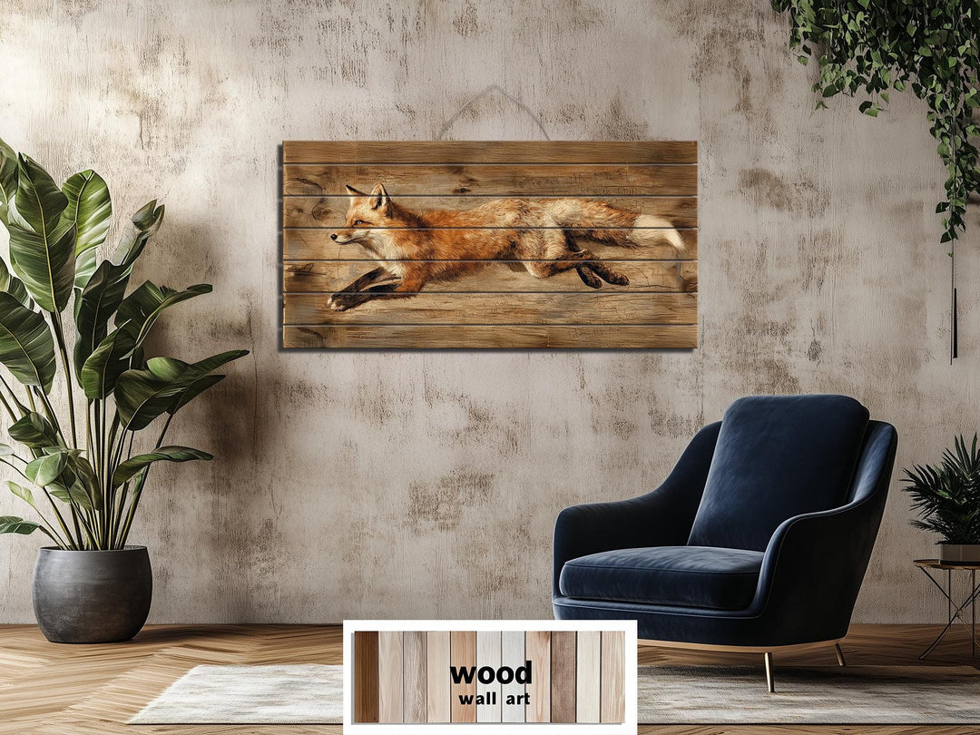 Leaping Fox Distressed Wood Wall Art