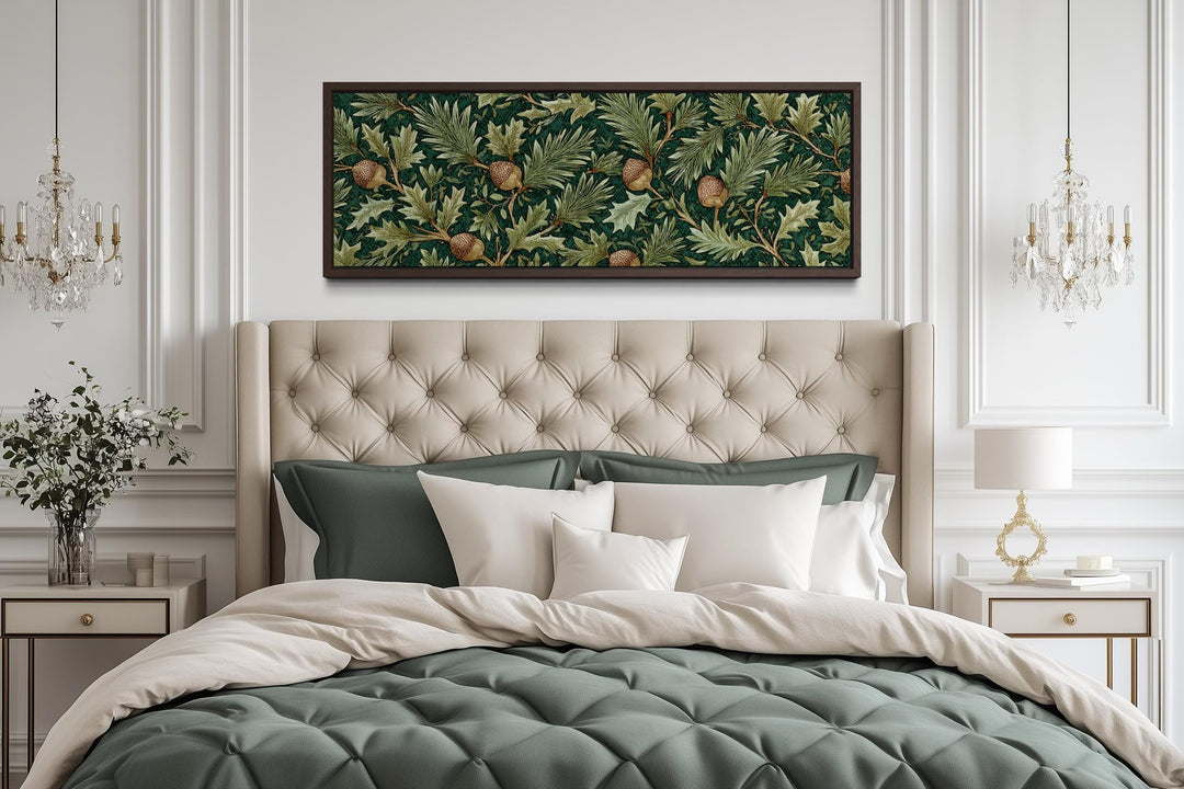 William Morris style horizontal wall art with green oak leaves and acorns above a tufted headboard.