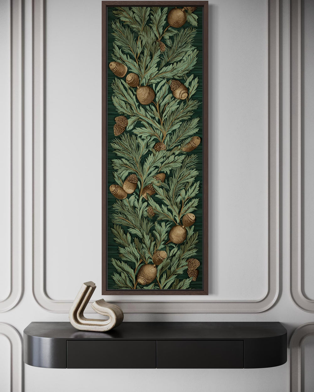 Tall narrow William Morris style canvas wall art featuring a dense pattern of leaves and acorns.