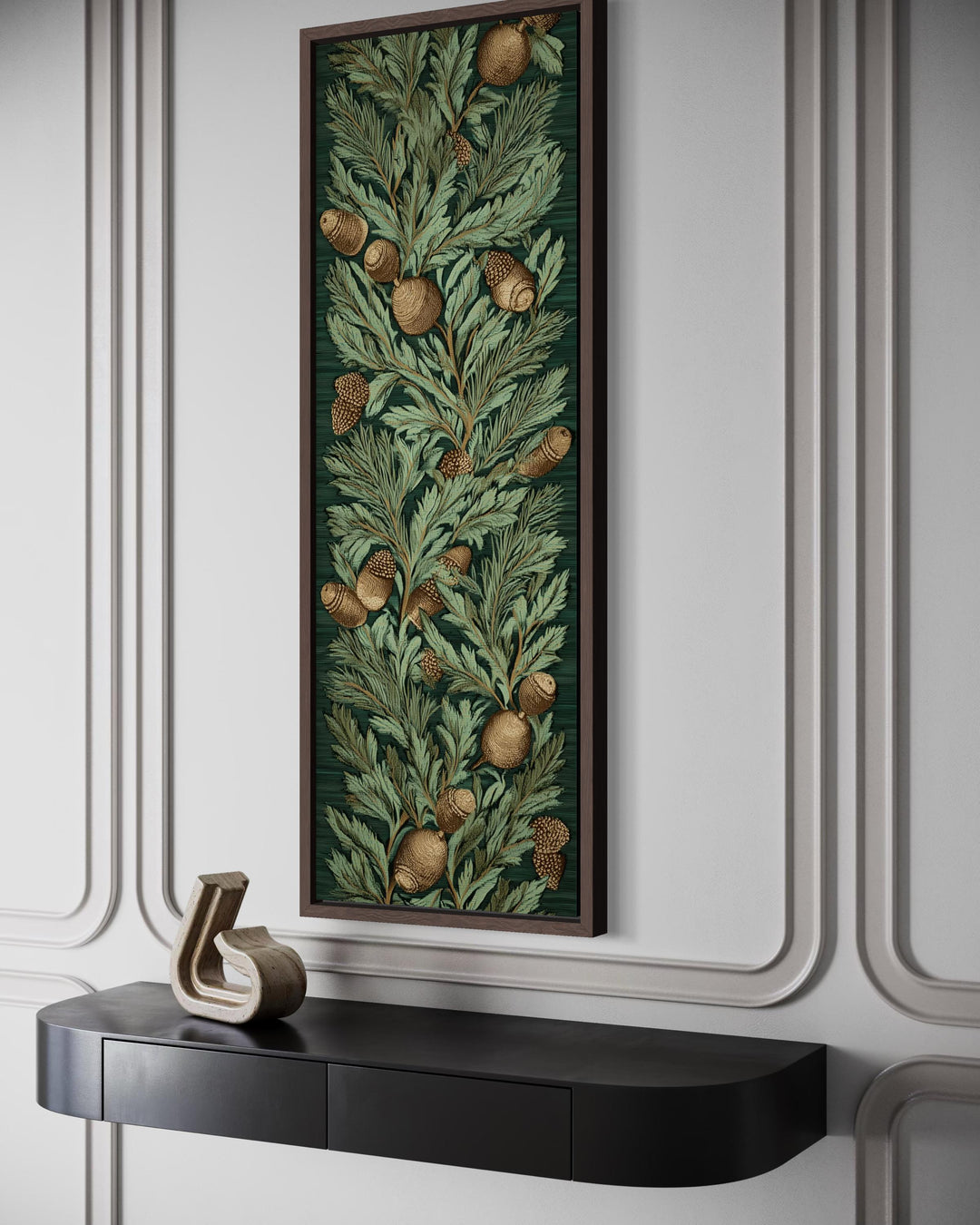 Tall narrow William Morris style canvas wall art featuring a dense pattern of leaves and acorns.