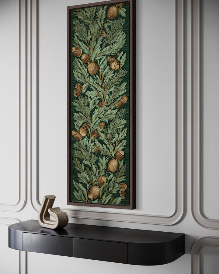 Tall narrow William Morris style canvas wall art featuring a dense pattern of leaves and acorns.