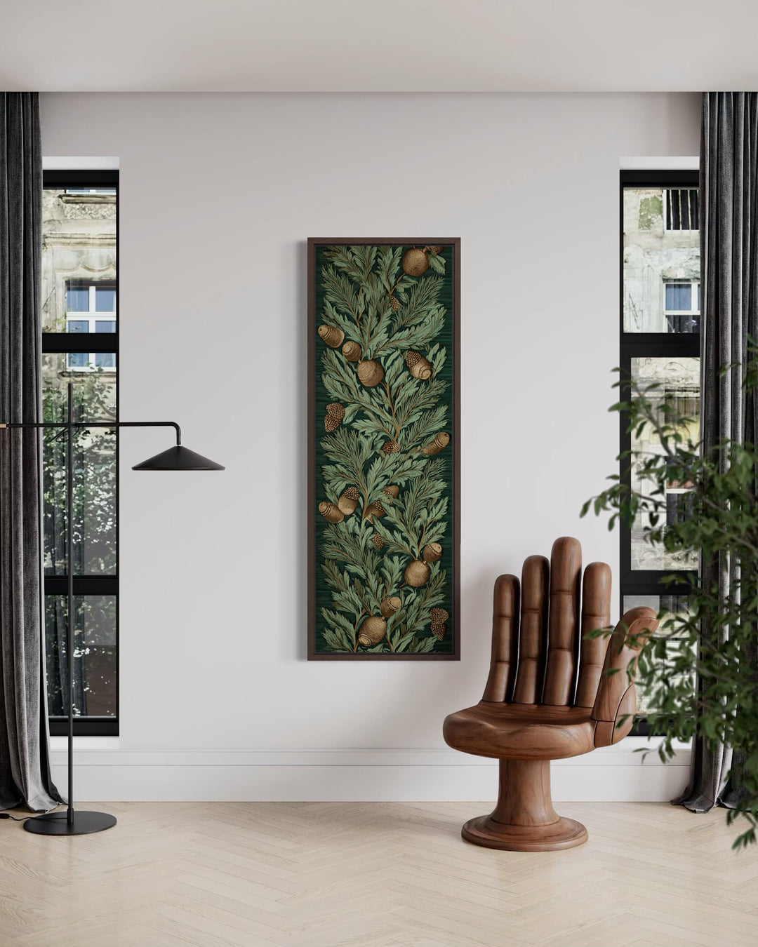 Tall narrow William Morris style canvas wall art featuring a dense oak leaf and acorn pattern.