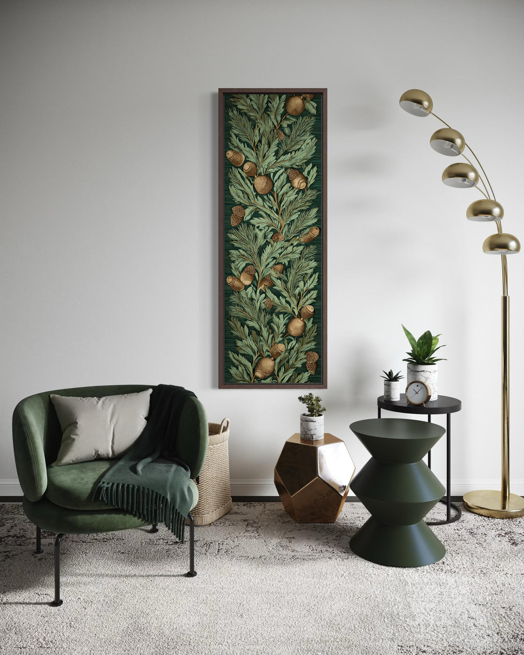 Tall narrow William Morris style canvas wall art featuring green leaves and golden acorns.