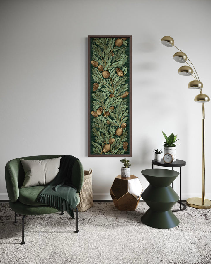 Tall narrow William Morris style canvas wall art featuring green leaves and golden acorns.