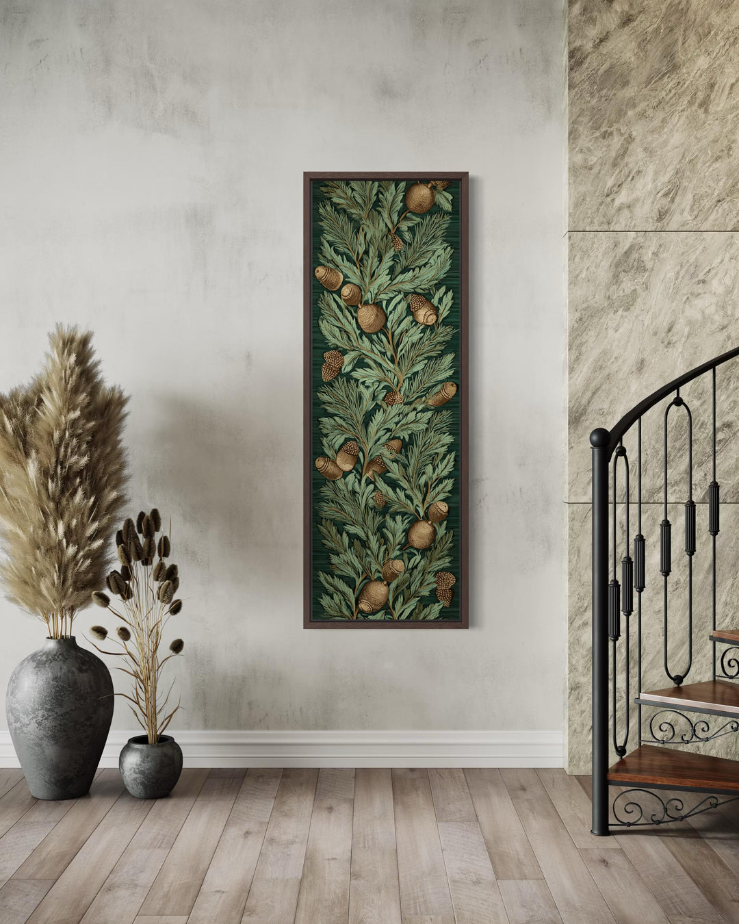 Tall narrow William Morris style canvas wall art featuring a dense pattern of leaves and acorns.