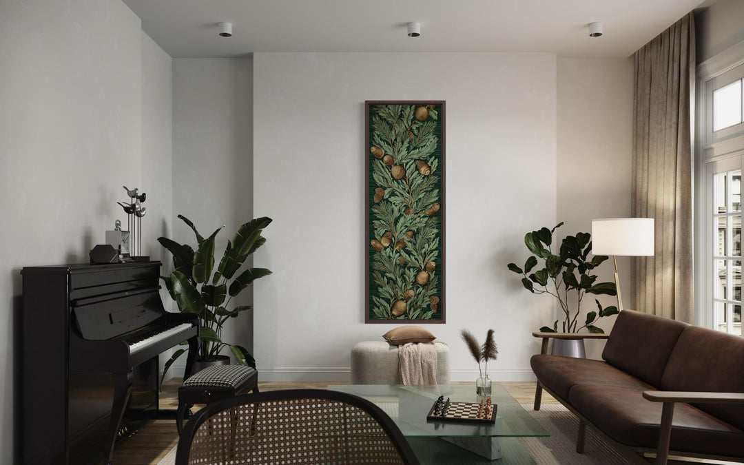 Tall narrow William Morris style canvas wall art featuring a dense oak leaf and acorn pattern.