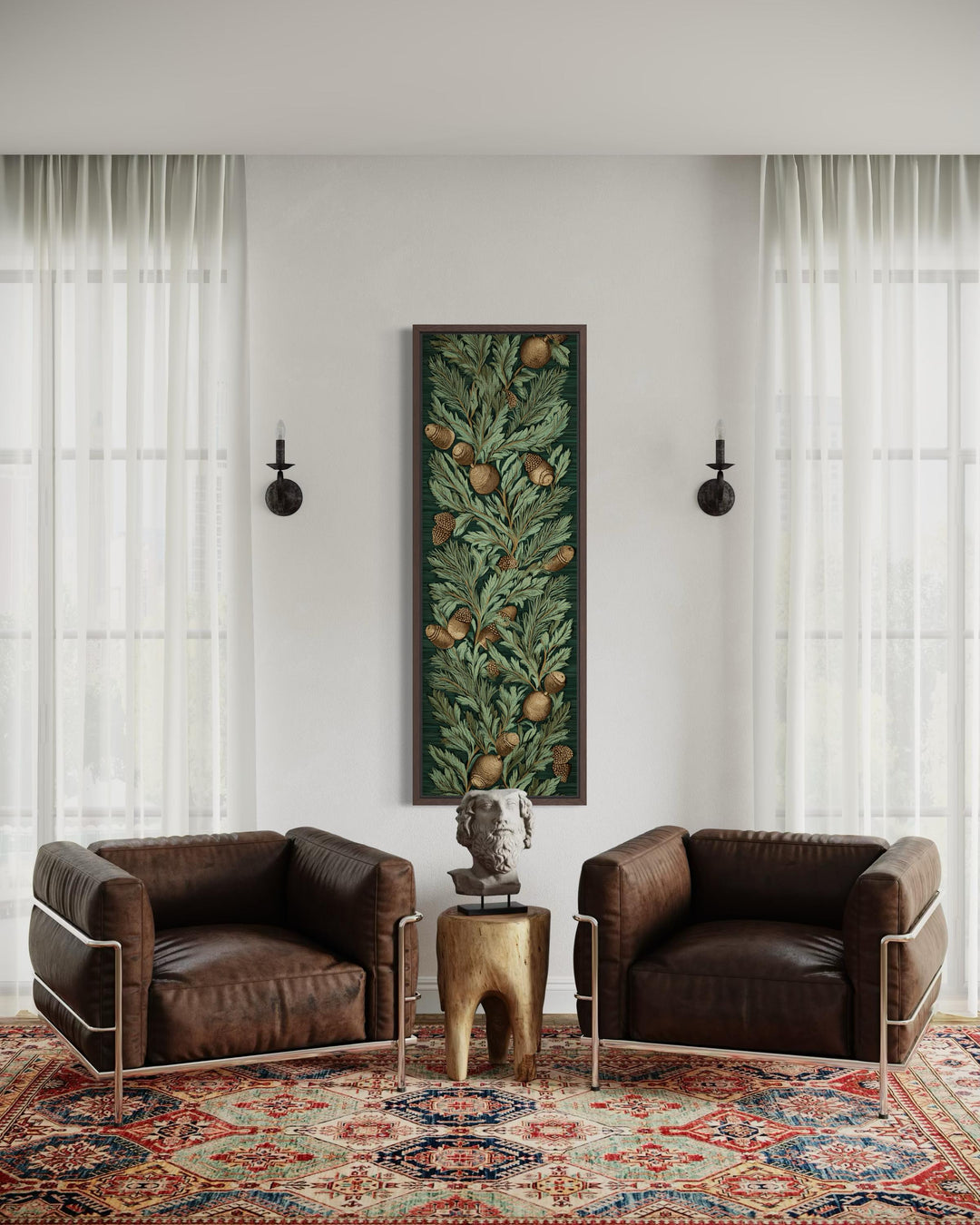 Tall narrow William Morris style canvas wall art featuring a dense oak leaf and acorn pattern.