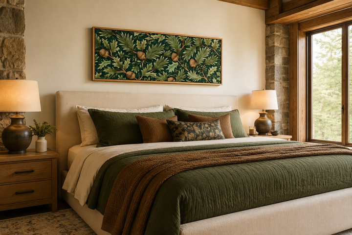 Long horizontal William Morris style wall art with green oak leaves and acorns above a bed.