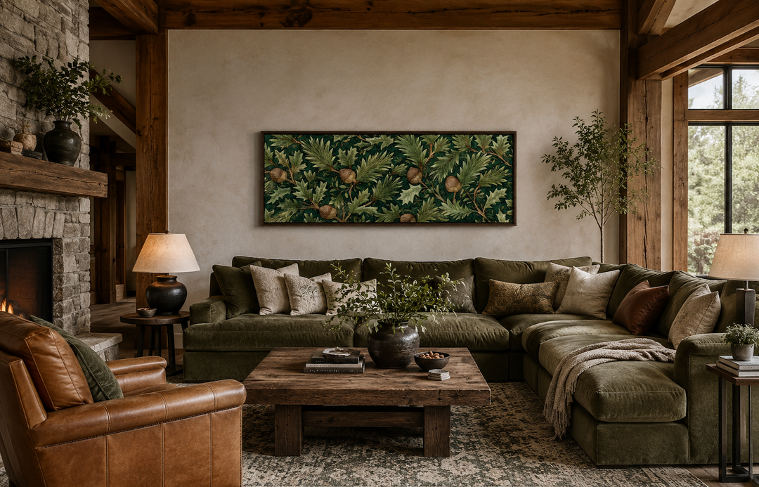 William Morris style horizontal canvas wall art with green oak leaves and acorns above a sofa.