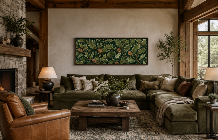 William Morris style horizontal canvas wall art with green oak leaves and acorns above a sofa.