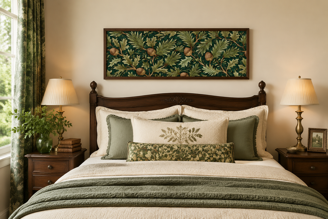 William Morris style horizontal wall art with green leaves and acorns above a dark wood bed frame.