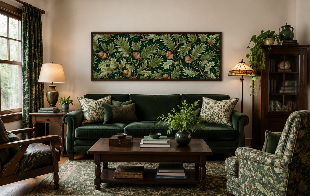 William Morris style horizontal wall art with green leaves and acorns above a dark green sofa.