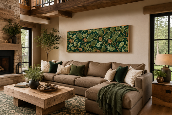 William Morris style horizontal canvas wall art with green oak leaves and acorns above a sofa.