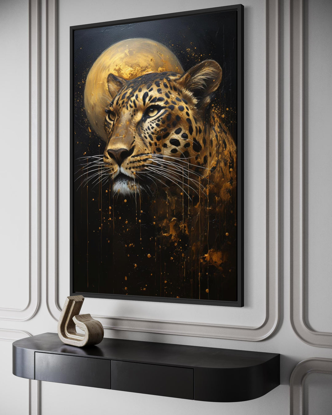 Framed canvas print of a leopard portrait with a golden moon in a moody black and gold color palette.