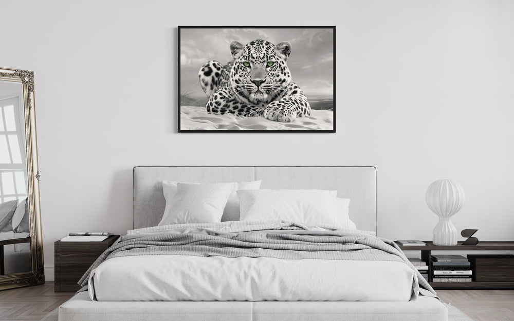 Wall Art For Men - Leopard With Green Eyes Black White Photography Framed Canvas Wall Art