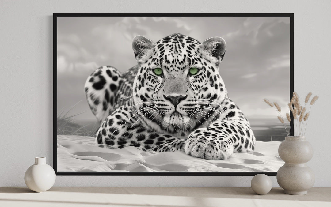 Wall Art For Men - Leopard With Green Eyes Black White Photography Framed Canvas Wall Art