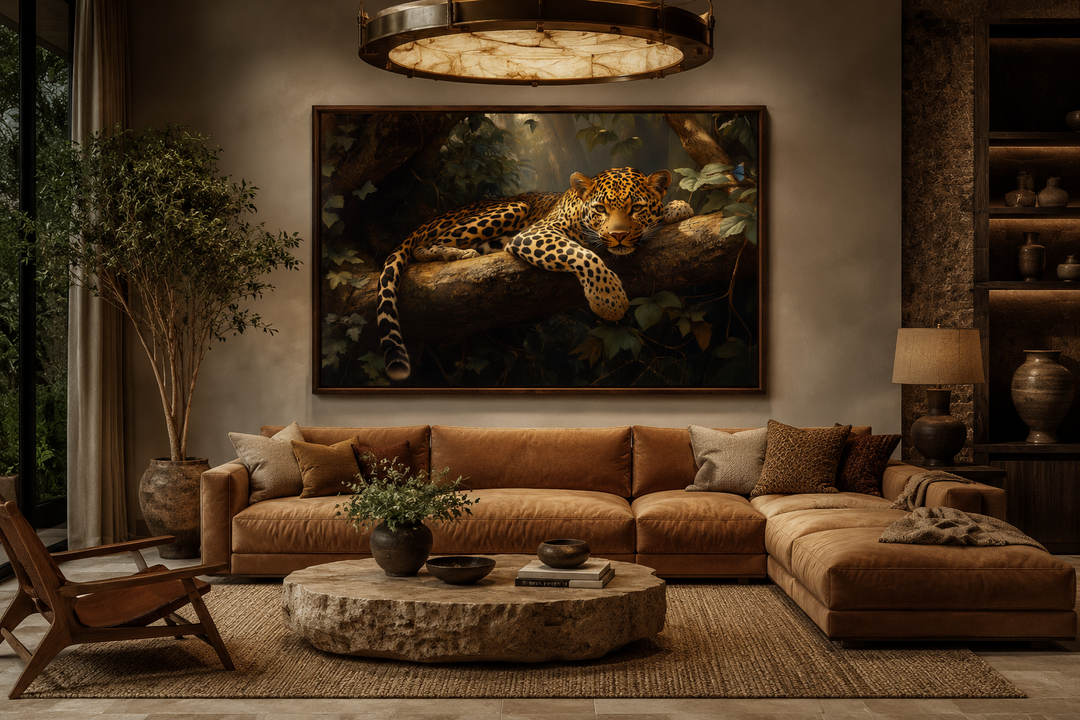 Framed canvas wall art of a leopard resting on a tree branch in a jungle setting.