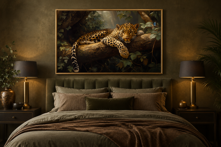 Framed canvas wall art of a leopard resting on a tree branch in a jungle, hung above a bed.