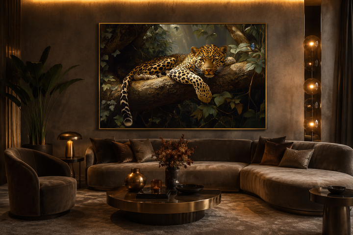Framed canvas wall art of a leopard resting on a jungle branch in a modern living room setting.