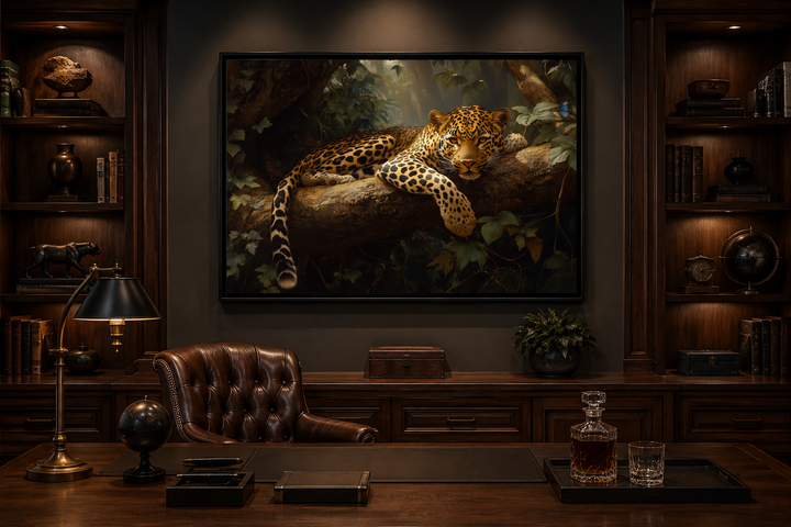 Framed canvas wall art of a leopard resting on a jungle branch above a dark wood office desk.
