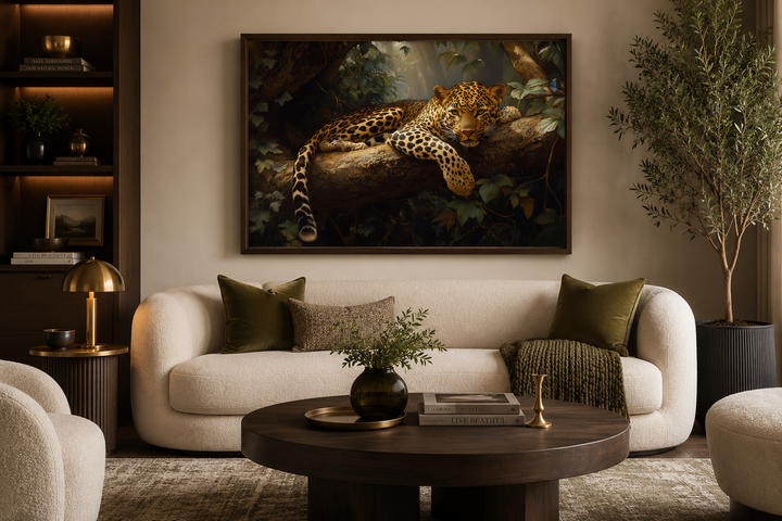 Framed canvas wall art of a leopard resting on a tree branch in a lush jungle above a white sofa.