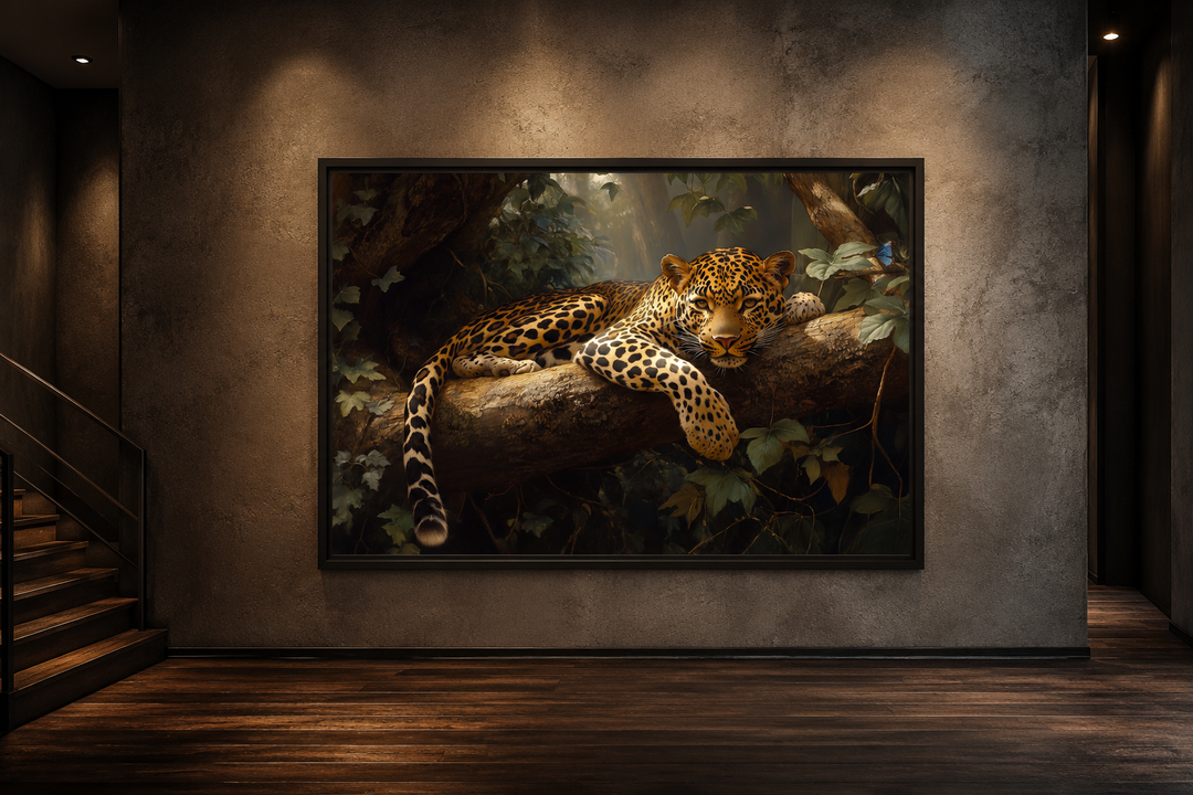 Framed canvas wall art of a leopard resting on a tree branch in a lush jungle setting.