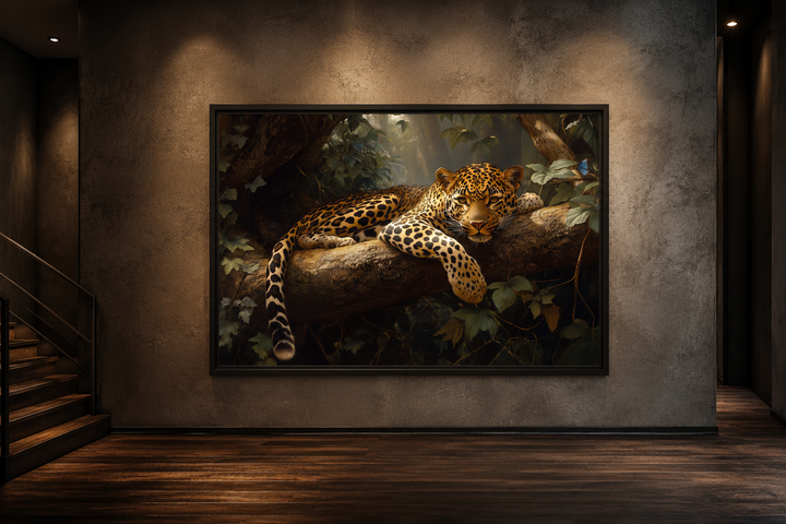 Framed canvas wall art of a leopard resting on a tree branch in a lush jungle setting.
