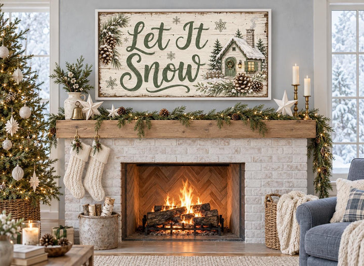 Let It Snow sage green script and snowy cottage framed canvas art above a cozy winter fireplace.