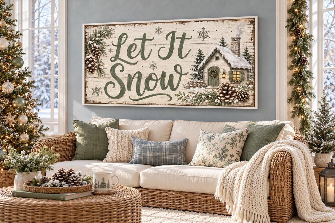Let It Snow sage green script and snowy cottage framed canvas wall art above a cozy winter sofa.