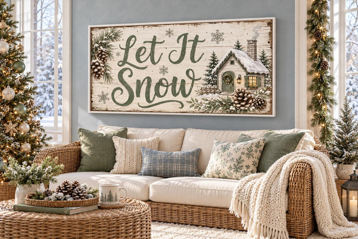 Let It Snow sage green script and snowy cottage framed canvas wall art above a cozy winter sofa.