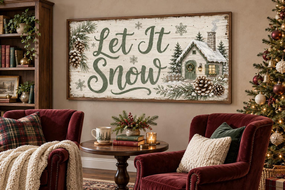 Let It Snow sage green script and snowy cottage framed canvas wall art in a cozy living room.