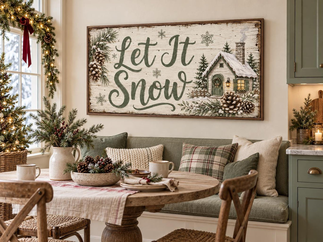 Let It Snow Sage Green Script and Snowy Cottage Framed Canvas Wall Art in a cozy dining nook.