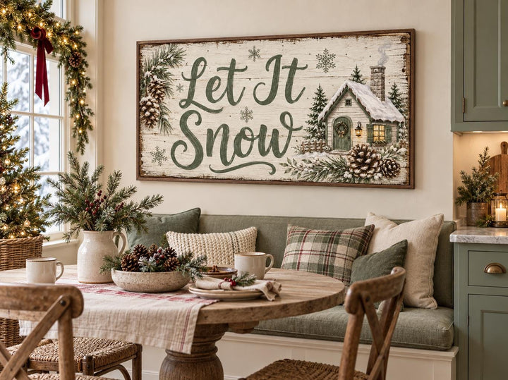 Let It Snow Sage Green Script and Snowy Cottage Framed Canvas Wall Art in a cozy dining nook.