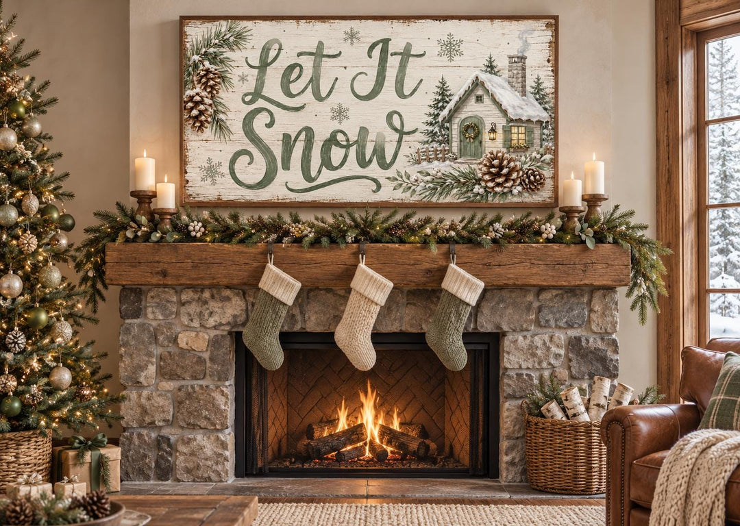 Let It Snow sage green script and snowy cottage framed canvas wall art above a rustic fireplace.