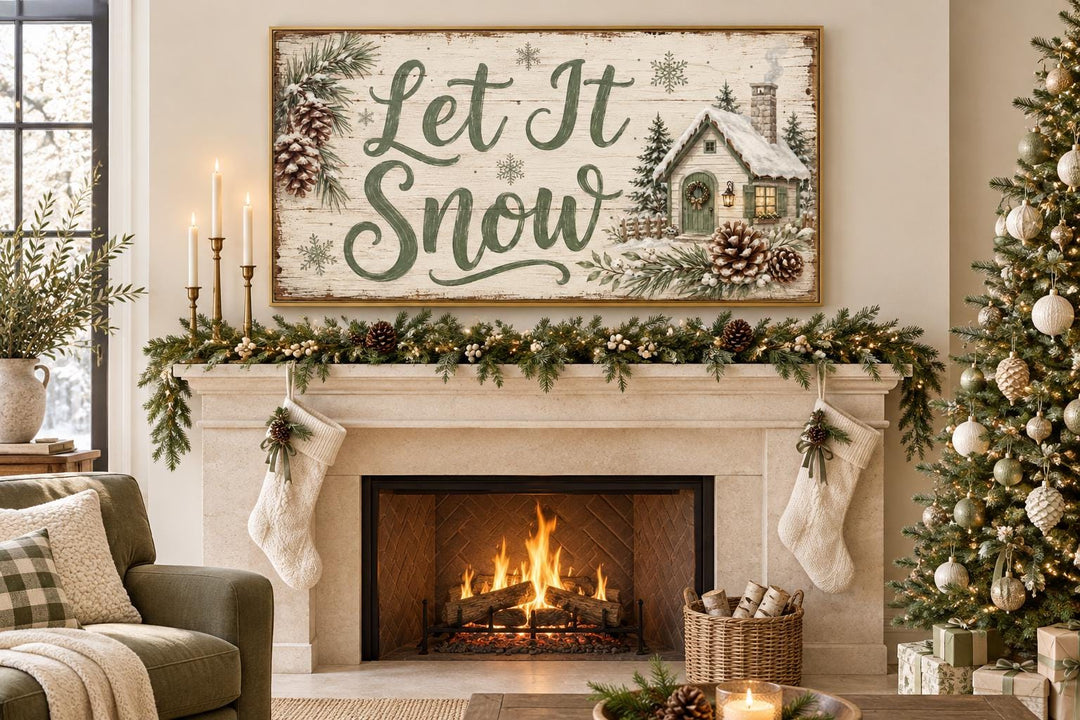 Let It Snow sage green script and snowy cottage framed canvas wall art above a decorated fireplace.