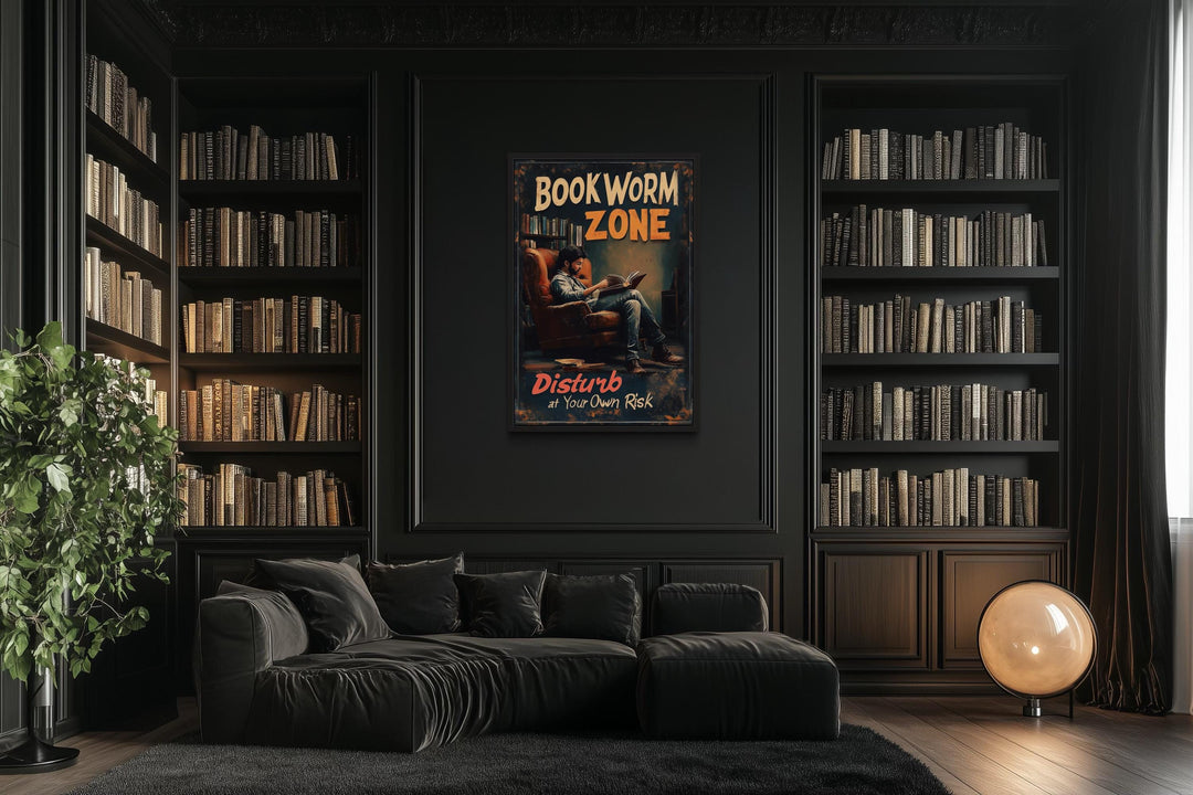 Disturb At Your Own Risk Bookworm Zone canvas print hanging in a dark, modern home library.