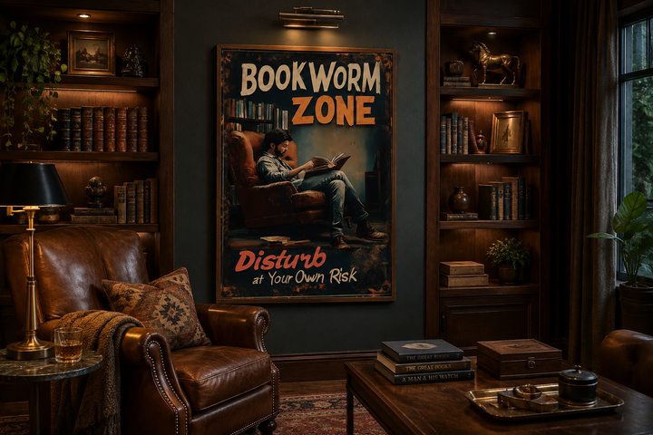 Vintage-style canvas print reading "Bookworm Zone" above a man reading in a library setting.