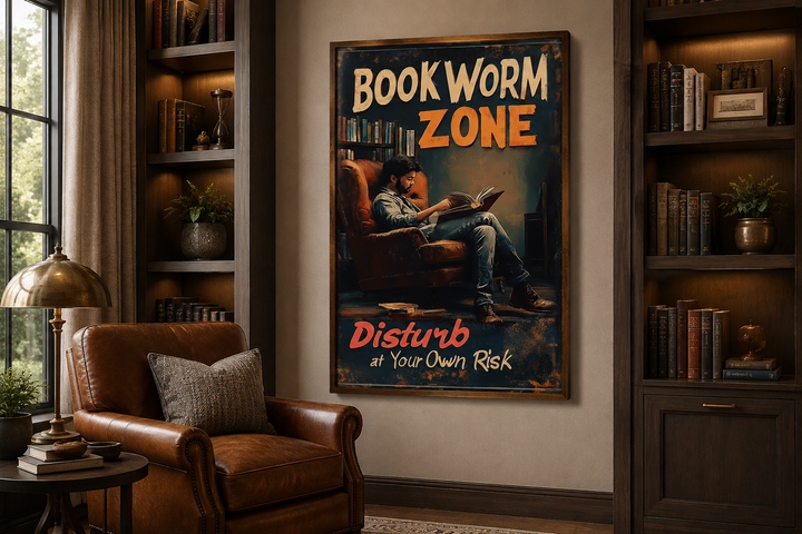 Vintage-style Bookworm Zone canvas print hanging in a cozy library with a leather armchair.
