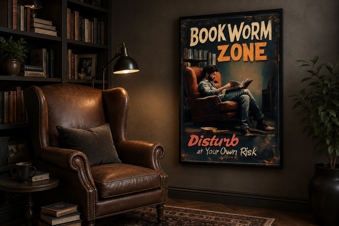 Vintage-style Bookworm Zone canvas print hanging in a cozy library with a leather armchair.