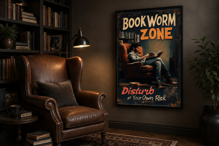 Vintage-style Bookworm Zone canvas print hanging in a cozy library with a leather armchair.