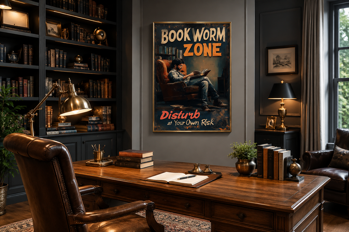Vintage-style Bookworm Zone canvas print hanging in a dark, classic home library above a wooden desk.