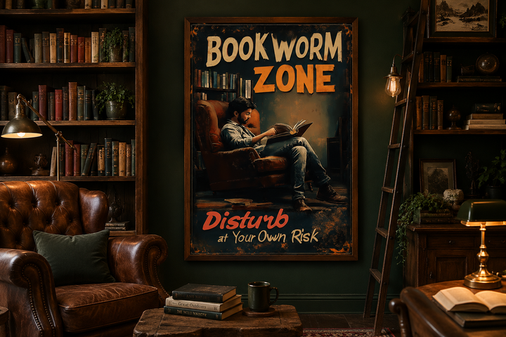 Vintage-style Bookworm Zone canvas print hanging in a cozy home library with leather armchairs.