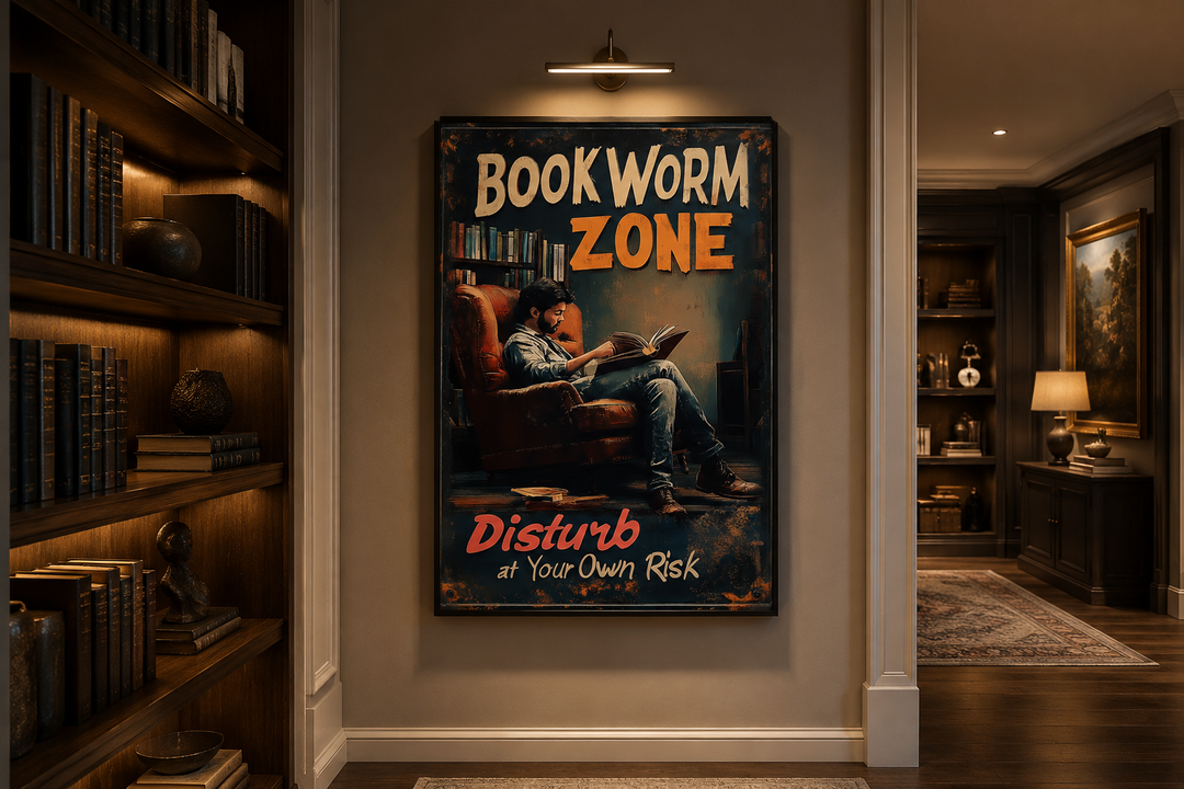 Vintage-style canvas print reading "Bookworm Zone" hanging in a cozy home library setting.